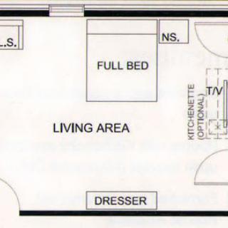 A floor plan of a studio apartment with labeled areas such as a full bed, living area, and kitchenette.