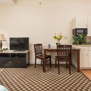 A cozy living space with a television, dining table and chairs, adorned with plants and a decorative lamp.