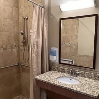 A bathroom featuring a sink with a granite countertop, a mirror, and a shower with a curtain.