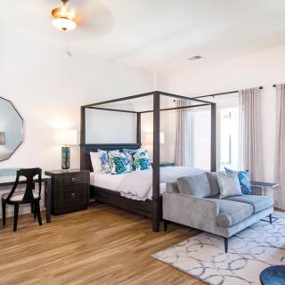 A modern bedroom featuring a canopy bed with decorative pillows, a stylish rug, and a comfortable sofa, all set on hardwood flooring.