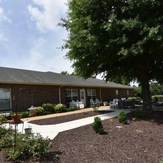 A backyard view of a house with a patio, landscaping, and a large tree.