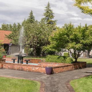 A tranquil garden with a central fountain, surrounded by trees and a brick path.