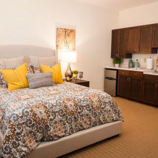 A cozy bedroom with a plush bed adorned with patterned bedding and vibrant pillows, complemented by a kitchenette in the corner.