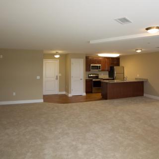 A modern open space basement apartment with a kitchen area and carpeted floors.