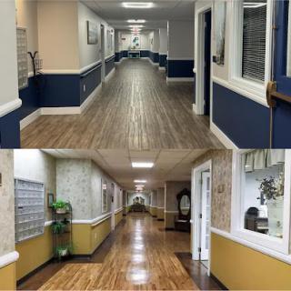 A comparison of two hospital corridors, highlighting renovations and design changes.