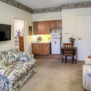 A cozy living room with a floral-patterned couch and a small kitchenette.