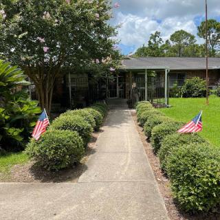 A welcoming front yard featuring neatly trimmed bushes and small American flags lining the pathway.