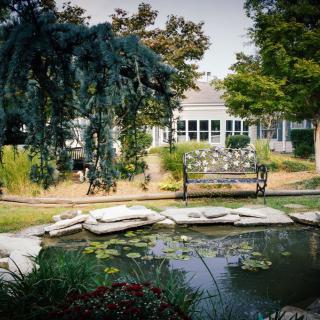 A tranquil garden with a pond, surrounded by lush greenery and a quaint building in the background.