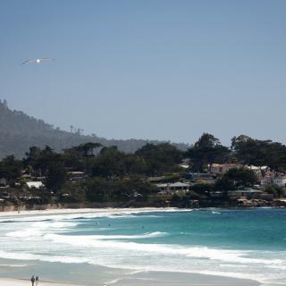 A serene view of a coastline with gentle waves and a clear blue sky.