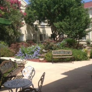A tranquil courtyard with seating and lush greenery.