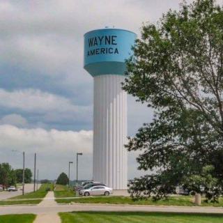 A water tower labeled 'Wayne America' stands tall beside a road and trees under a cloudy sky.