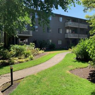 A serene apartment complex surrounded by lush greenery and a winding pathway.