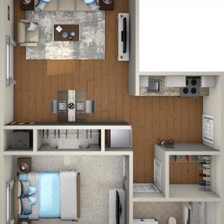 A detailed floor plan of a one-bedroom apartment, featuring a living room, kitchen, dining area, and bathroom.