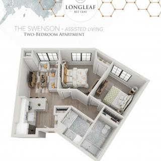 3D floor plan of The Emerson, a two-bedroom apartment at Longleaf Apartments.