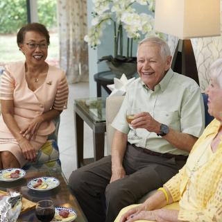 A group of seniors enjoying a lively conversation in a cozy living room setting.