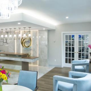A modern and elegant living room interior with contemporary furniture and stylish lighting fixtures.