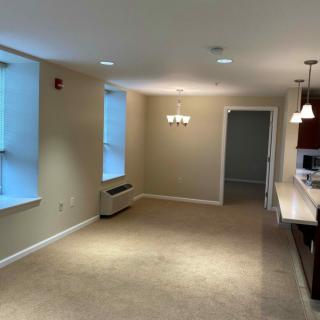 An open-concept living room and kitchen area with beige walls and carpeted flooring.