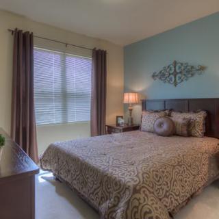 A cozy bedroom with stylish decor, featuring a large bed and soft lighting.