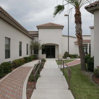 A modern building with a landscaped pathway and palm trees leading to the entrance.