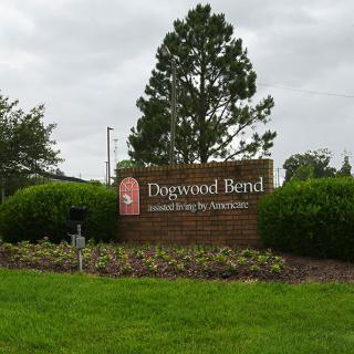 Entrance sign for Dogwood Bend surrounded by landscaping.