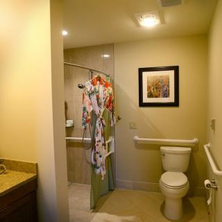 An accessible bathroom featuring a shower with floral curtains, a toilet with grab bars, and a sink.