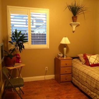 Cozy bedroom with a bed, nightstand, and plants by the window.