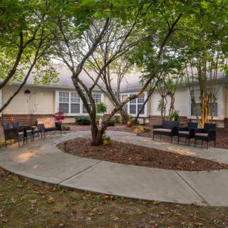 A peaceful courtyard with trees, benches, and a winding pathway.