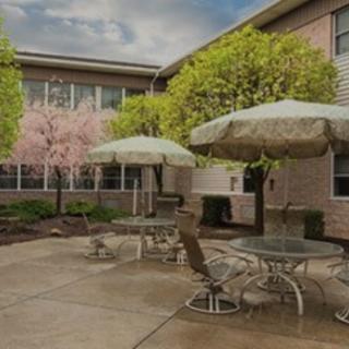 A peaceful courtyard with tables, chairs, and umbrellas surrounded by blooming trees and a building.