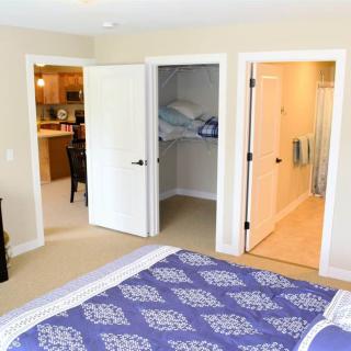 A cozy bedroom with an open closet and adjacent bathroom.