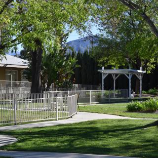 A serene garden with a white gazebo, surrounded by trees and a well-maintained lawn.