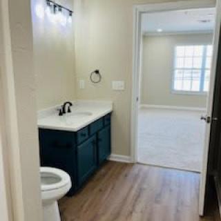 A bathroom with a vanity, sink, and toilet leading into a carpeted room.
