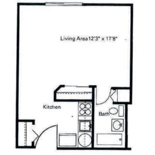 A floor plan of a studio apartment featuring a living area, kitchen, and bathroom.