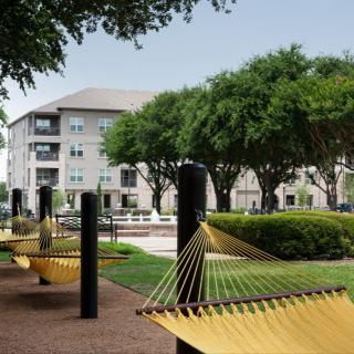 Outdoor area with hammocks and apartment buildings surrounded by trees.