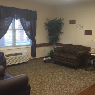 A cozy living room with a sofa, armchair, lamp, and potted plant.