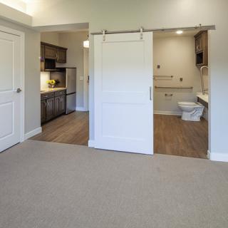 A modern living space with a kitchen and bathroom separated by a sliding door.