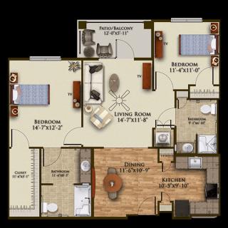 Floor plan of a two-bedroom apartment with living, dining, kitchen, and bathroom.