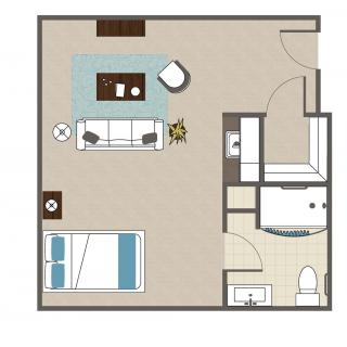 One-bedroom apartment floor plan with living area and bathroom.