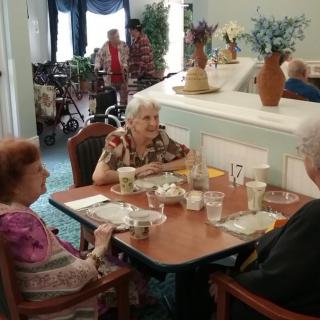 A group of elderly individuals sitting at a dining table, engaging in conversation over a meal in a communal setting.