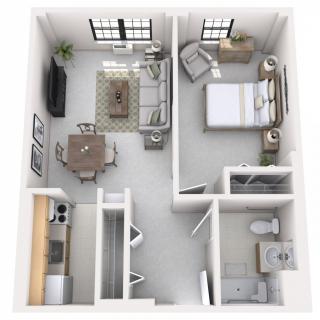 A 3D floor plan of a modern one-bedroom apartment featuring a living room, kitchen, bedroom, and bathroom.