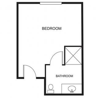A simple floor plan showing a bedroom and bathroom.