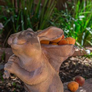 A whimsical rabbit statue holding fruit in an outdoor garden setting.