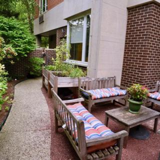 Cozy outdoor patio seating area with wooden benches and colorful cushions surrounded by greenery.