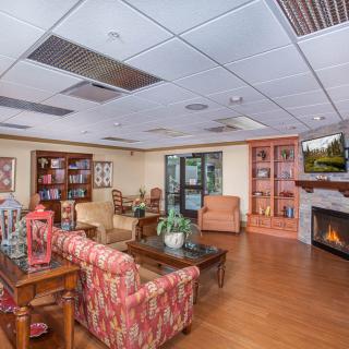 A cozy living room with comfortable seating, a fireplace, and bookshelves filled with decor.