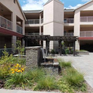 A well-maintained courtyard in an apartment complex with landscaped gardens and a modern design.