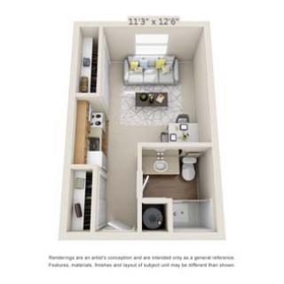 3D rendering of a compact studio apartment floor plan.