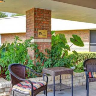 A cozy outdoor patio with chairs, a table, and lush greenery.