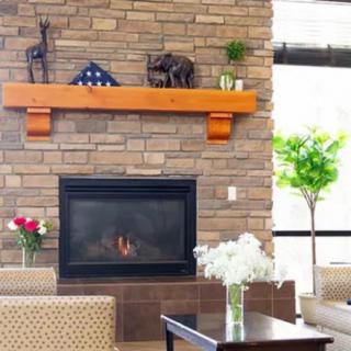 A cozy living room featuring a brick fireplace with decorative items on the mantel and vibrant plants and flowers adding a touch of nature.