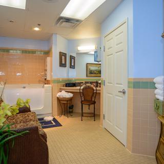 A well-decorated bathroom with a bathtub, vanity area, and elegant furnishings.