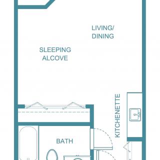 A floor plan of a studio apartment with a kitchenette, sleeping alcove, bath, and living/dining area.