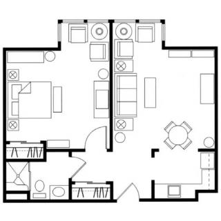 A detailed floor plan of a one-bedroom apartment, showcasing the arrangement of various rooms and furniture.